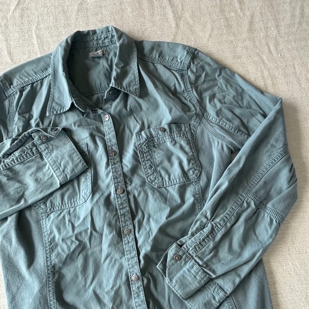 Carhartt Womens Teal Blue Corduroy Panel Utility Button Down Shirt L 12/14